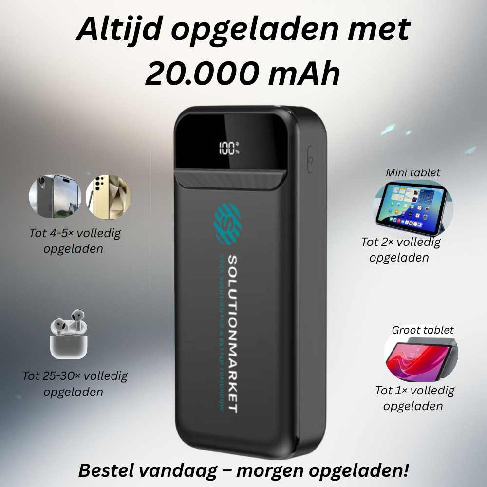 SolutionMarket® Powerbank 20.000 mAh – 22.5W Snellader USB-A/USB-C - Digitale LED display - -Universele Powerbanks Geschikt voor iOS/Android - Zwart