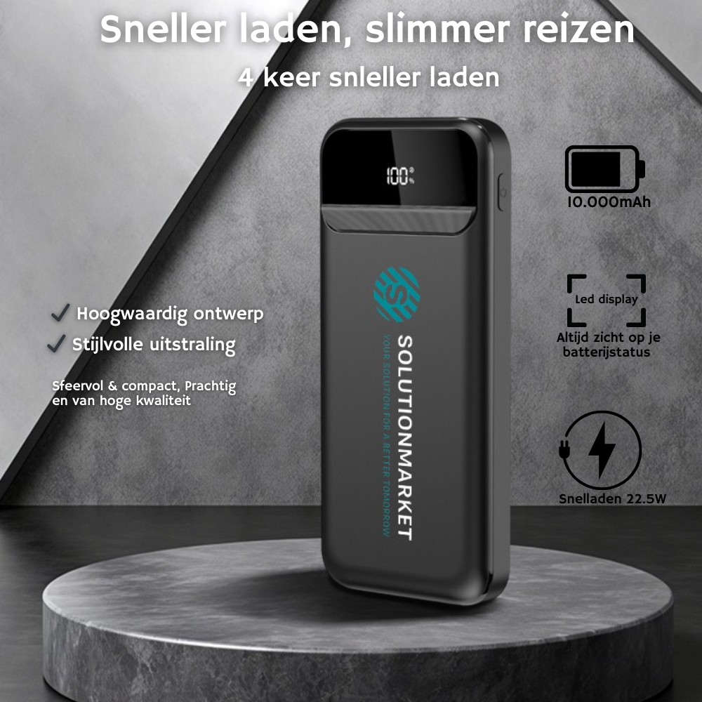 SolutionMarket® Powerbank 10.000 mAh – 22.5W Snellader - USB-A/USB-C - Digitale LED display - Universele Powerbanks Geschikt voor iOS/Android - Zwart