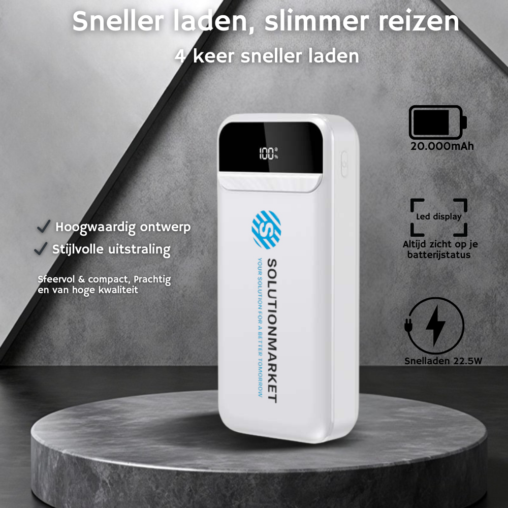 SolutionMarket® Powerbank 20.000 mAh – 22.5W Snellader - USB-A/USB-C - Digitale LED display - Universele Powerbanks Geschikt voor iOS/Android - Wit