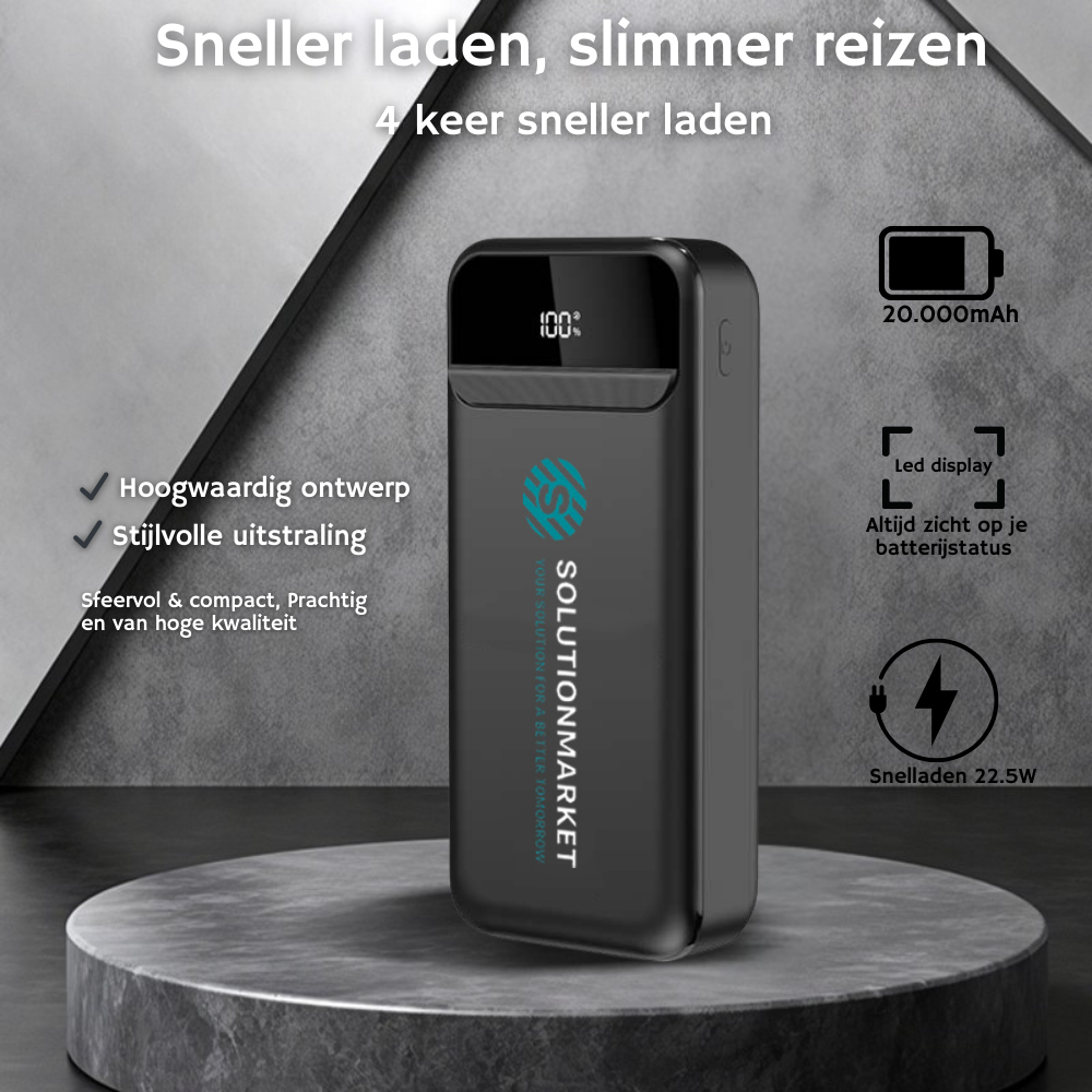 SolutionMarket® Powerbank 20.000 mAh – 22.5W Snellader USB-A/USB-C - Digitale LED display - -Universele Powerbanks Geschikt voor iOS/Android - Zwart